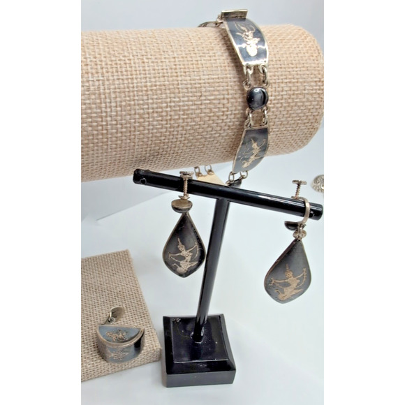 VTG SIAM 925 Sterling Silver Dancers Set: Bracelet & Screwback Earrings +1 - Picture 1 of 16